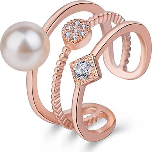 Hot Sale Dazzling Micro CZ Silver Color Ring Setting Zircon Simulated Pearl Double Rows Luxury Opening Rings For Women