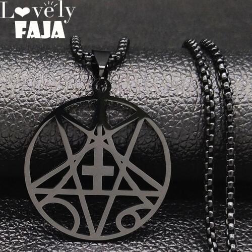Inverted Cross Occult Pentagram Stainless Steel Statement Necklace Women/Men Black Color Satanic Gothic Satan Necklaces Jewelry