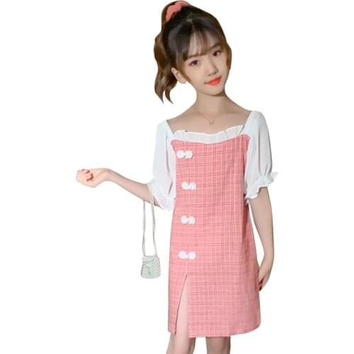 Dress For Girls Plaid Pattern Dress For Girl Patchwork Party Dress Child Summer Kids Costume 6 8 10 12 14