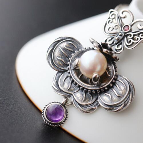 Silver Wholesale Handmade Natural Pearl Amethyst S925 Sterling Silver Pendant Vintage Thai Silver Pendant