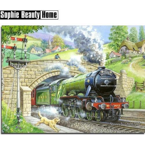 Full 5D DIY Diamond Painting Cross Stitch Scenery Train and Dog Diamond Embroidery Pattern Diamond Mosaic Needlework Gift 187237