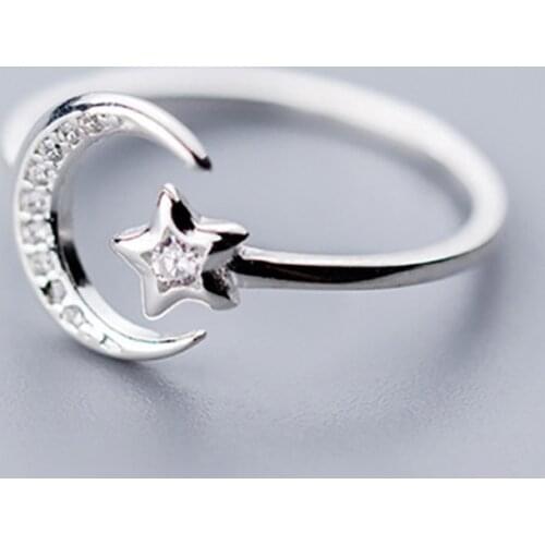 Real 925 Sterling Silver Minimalist Zircon Moon Star Opening Ring For Charming Women Party Fine Jewelry Cute 2021 Gift
