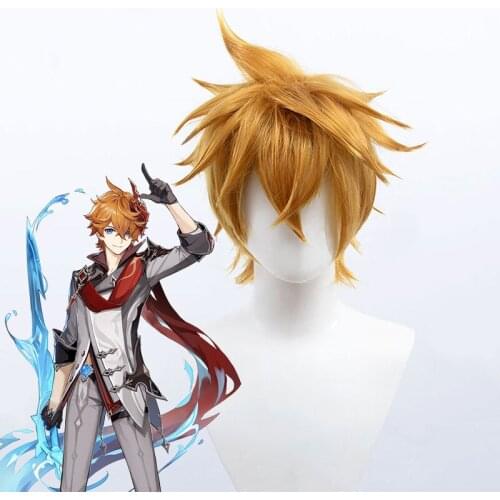 Synthetic Short men wig Choppy with bangs Orange Tartaglia Genshin impact Party Wigs short Cosplay Hair Extensions MUMUPI