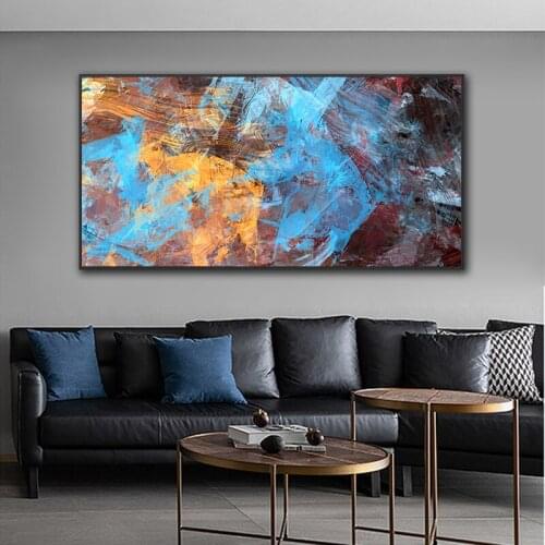 Modern wall art painting art blue golden abstract canvas painting poster printing decoration pictures on the wall