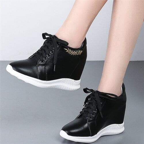 10cm High Heel Platform Pumps Women Lace Up Genuine Leather Wedges Ankle Boots Female Round Toe Fashion Sneakers Casual Shoes
