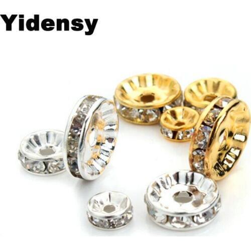 Yidensy 100pcs Flat Rhinestone Rondelles Crystal Bead Loose Spacer Beads 6mm 8mm Gold Silver Color for DIY Jewelry Findings