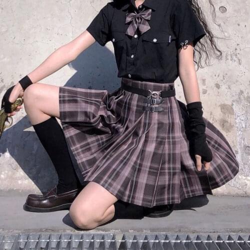 Summer black high waisted plaid pleated skirts womens 2021 korean harajuku kawaii cute girls skirt cosplay dark academia clothes