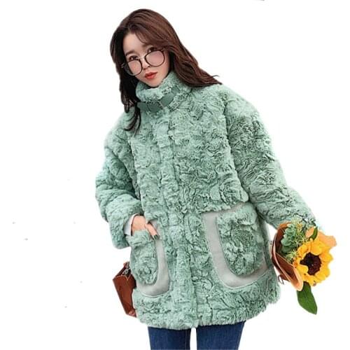 2021 Autumn Winter Female Faux Rabbit Hair Fur Jacket Korean Solid Loose Short Thick Outerwear Single Breasted Ladies Coat H898