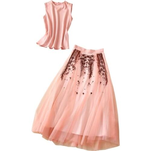 Women Fashion Two Piece Set Summer Outfits Pink Tank Top And Floral Embroidered Ball Gown Mesh Maxi Skirt