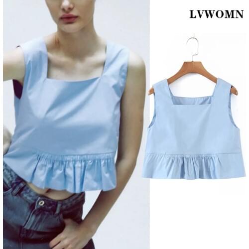 LVWOMN Za Women Blouses 2021 Summer Blue Poplin Short Shirt Sleeveless Tops Women Vintage Ruffles Casual Shirts Chic Top