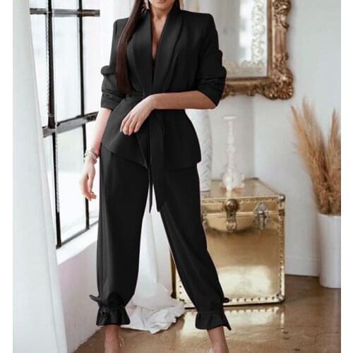 Womens Solid Suits Lace-Up Long Sleeve Tops Ruffle Loose Drawstring Pants Office Ladies 2 Piece Sets Elegant Casual Summer 2021