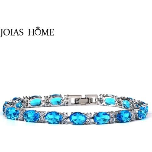 JoiasHome Charms Aquamarine Bracelets for Women Silver 925 Jewelry Oval Gemstones Ruby Sapphire Emerald Amethyst Citrine Zircon