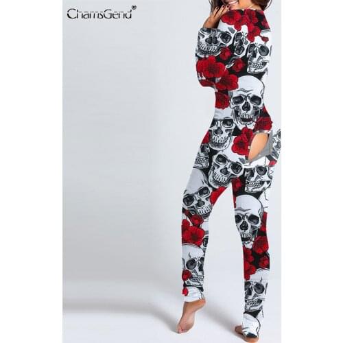 2021 Pajamas Onesies Womens Button-down Halloween Print Functional Buttoned Flap V-neck Jumpsuit Pajamas Sleepwear