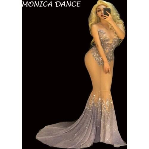Women Sexy Sparkly Rhinestones See Through Dress Evening Party Birthday Celebrate Dress Bar Women Singer Costume Mesh Dress
