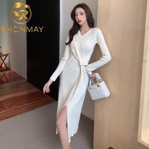 2021 Sexy Slim Winter Elegant Knitted Dress Women Casual Long Sleeve V-Neck Office Sweater Dress Female One Piece Dresses Korean