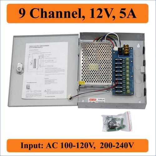 9CH Port DC12V 5A CCTV Camera Power Box Adapter Switching Power supply Box Distribution 9 channels Input AC 100-240V to DC 12V