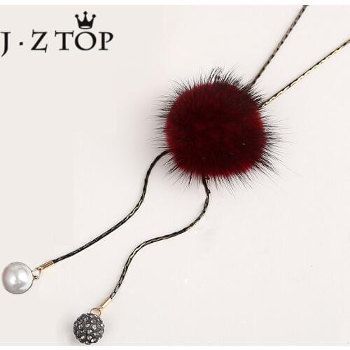 JZTOP Crystal Imitation Pearl Long Necklace Woman Mink Hair Ball Adjustable Pendant Sweater Chain Female Fashion Collier Jewelry