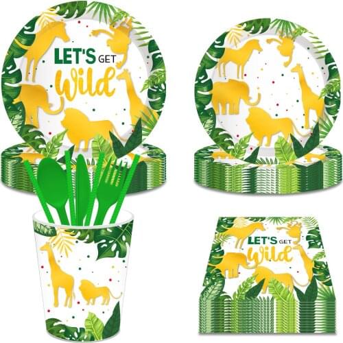 Boy Kids Birthday Green Jungle Animals Lion Theme Wild One Party Theme Disposable Tableware Sets for Baby Shower Party Decoratio