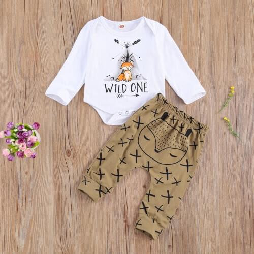 Emmababy Newborn Baby Girl Clothes White Fox and Letters Printed Pattern Round Collar Romper Long Pant 2Pcs Outfits Baby Clothes