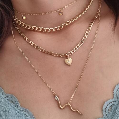 4 Pcs/Set Fashion Women Necklaces Set Crystal Heart Snake Metal Clavicle Chain Gold Necklace Charm Dance Party Lady Jewelry