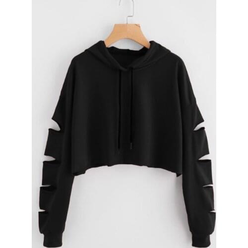 2021 Crop Top Womens Sweatshirt Cutout Ripped Streetwear Long Sleeve Hip-pop Jumper Casual Pullover Solid Blouse Sudadera Mujer