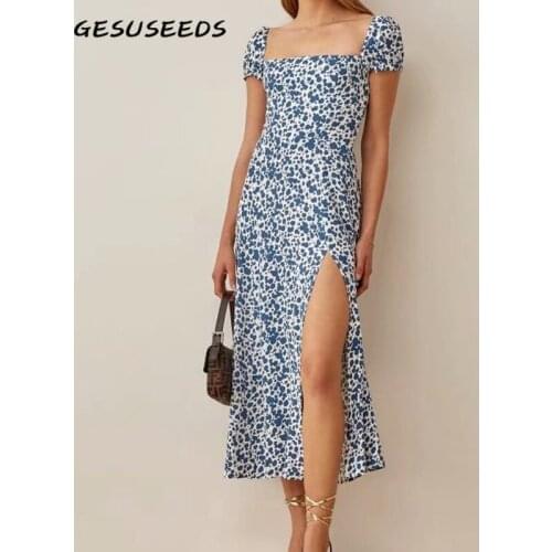 Summer short sleeve dress women korean fashion midi dresses square neck dot print dress sexy split woman dress chiffon vestidos