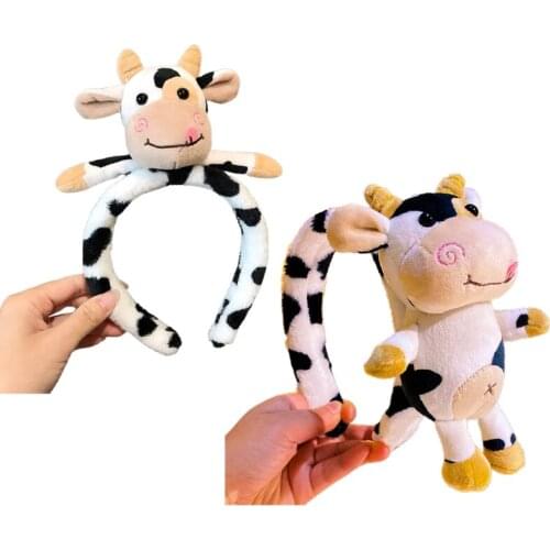 Soft Headband with Little Cow Pattern 3D Plush Animal Hair Hoop for Washing Face Fluffy Cosplay Cartoon Costume