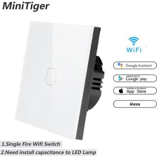 Minitiger Tuya/Smart Life/ewelink WIFI 1 Gang 1 Way Switch Crystal Glass Panel Touch Wall Switch Smart Home Automation Wireless