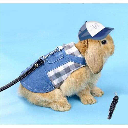 Pet Rabbit Clothes Denim Jacket Coat Small Animal Harness Leash Vest Bag Hat Set for Ferret Bunny Hamster Small Pet Supplies