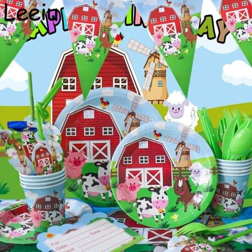 Leeiu Farm Animal Themes Party Disposable Tableware Birthday Decoration Kids Paper Napkins Plates Cups Party Supply Baby Shower