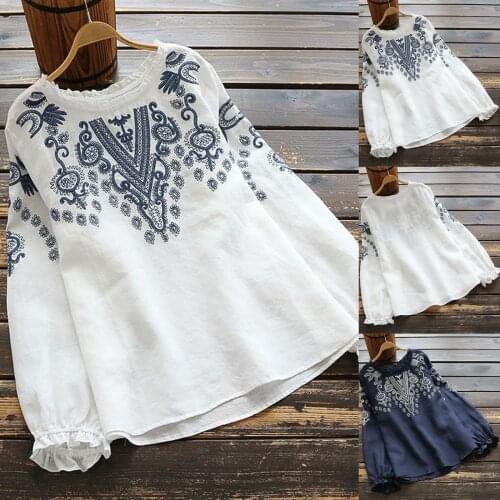 Autumn Women Blouse Fashion Long Sleeve Ruffles Tops Vintage Embroidery Blouse Casual O Neck Cotton Linen Женские блузки 2021