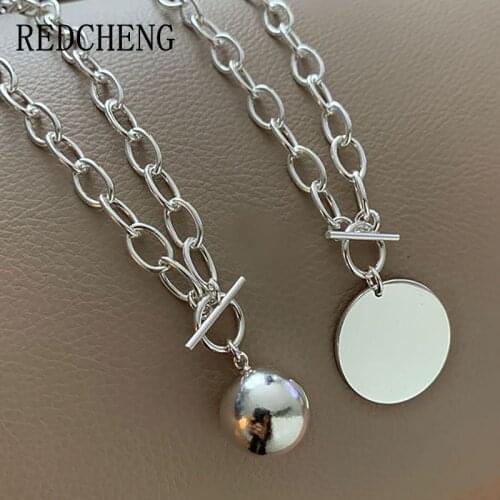 REDCHENG 925 Sterling Silver OT Buckle Necklaces for Women INS Fashion Creative Round Cards Beads Wedding Jewelry Fine Gifts