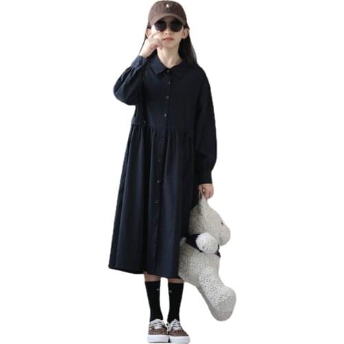 Teen Midi Dress Kids Girls Cotton Dress 2021 New Autumn Children School Dress Casual Buttons Long Sleeve Fashion Elegant,#6495