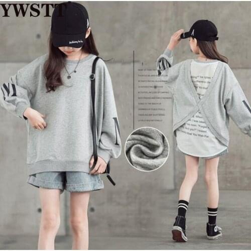 Teen Girls Letter Printed Casual Sweater 2021 New Girls Fake Two-piece Loose Sweater Spring Autumn Girls Bottoming Shirt