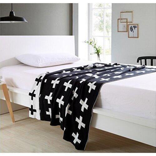 DOKOT Black and White Swiss Cross Pattern 100% Cotton Knitted Throw Blanket (51x63 inches, Swiss Cross)