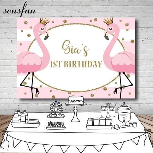 Sensfun Crown Flamingo Backdrop Pink White Striped Gold Glitter Girl Happy 1st Birthday Party Backgrounds Customized 7x5FT Vinyl