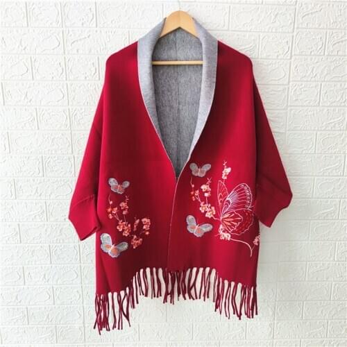 Embroidered Cashmere Scarf With Sleeves Shawl Cape Knitted Tassel Bat Shirt Coat Cape Scarves For Ladies Luxury Brand Bufanda