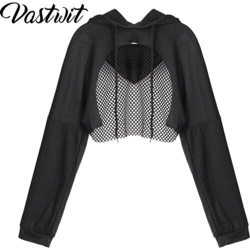 Women Hooded Fishnet Tops Girls Black Long Sleeves See Through Shirt Sexy Mesh Transparent Punk Rock Coat Crop Top