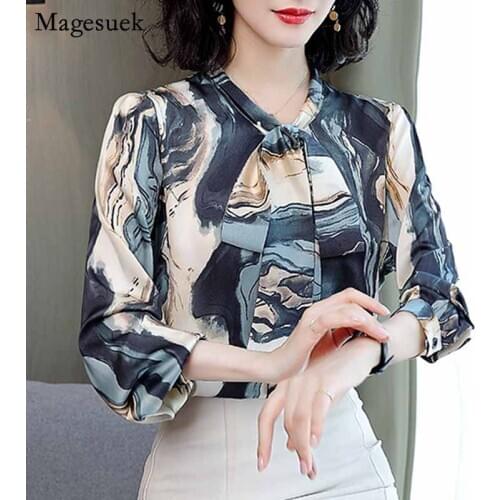 Women Elegant Long Sleeve Silk Shirt Plus Size Bow Tie Pullover Vintage Blouse Ladies 2020 Early Autumn Print Loose Tops 12055