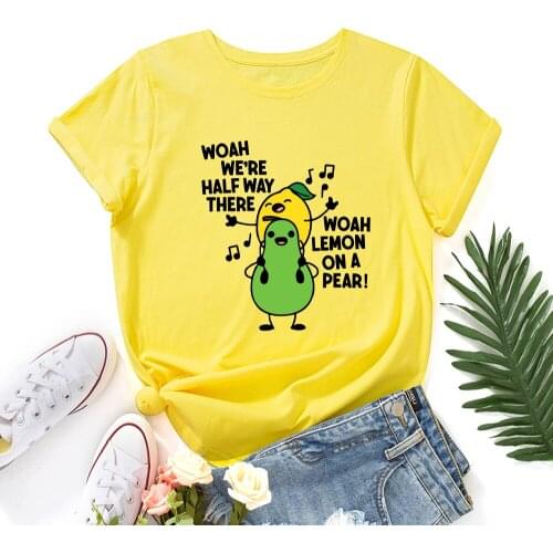 Lemon on A Pear Print Female T-shirt Funny Fruits Sing Graphic Tee Shirt for Women Short Sleeve Crewneck 100%Cotton Summer Tops