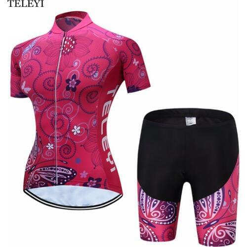 TELEYI Team Womens Cycling Bike Ropa Ciclismo Short Sleeve Clothing Bicycle Sports Wear Set Jersey Bib Shorts Pink