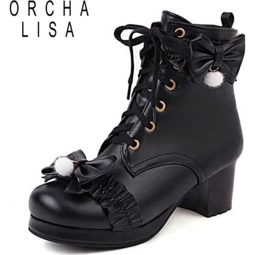 ORCHALISA Winter Ankle Boots Women Lolita Platform Cute Lace Bow Plus Size 40-43 Japanese Style School Lace-up Boots White S2470