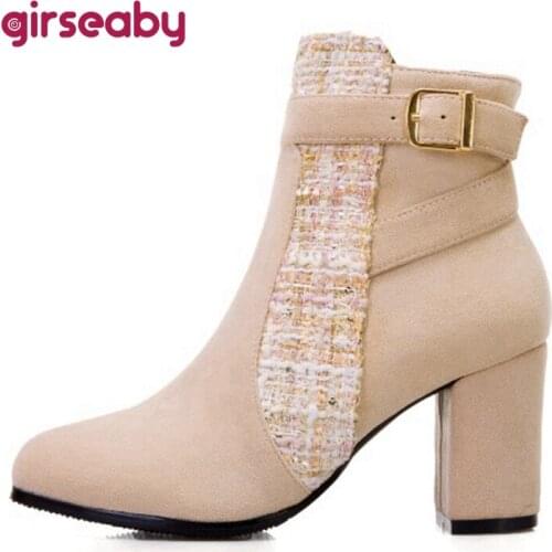 Girseaby Womens winter high boots Ankle boots Flock Buckle Patchwork Female mujer Boat for woman Round toe Color texture S2402