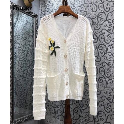 High Quality Cardigan Coat 2021 Spring Summer Tops Coat Ladies V-Neck Flower Embroidery Deco Long Sleeve Casual White Cardigans
