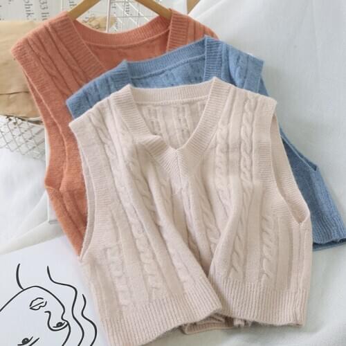 Women Casual Vest Korean Style V-neck Twist Sleeveless Sweater Female Solid Oversized Thicken Knitwear All-matching Gilet 2020