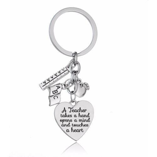 12PC/Lot Engraved A Teacher Takes A Hand Opens A Mind And Touches A Heart Keychain Apple Ruler ABC Book Charm Keyring Gifts
