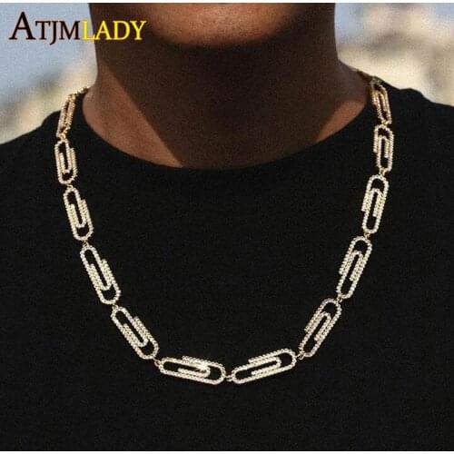 2021 High Quality Iced Out Micro Pave CZ Paper Clip Chain Hiphop Bling Unique Safety Pin Chain Unique Design Women Necklace