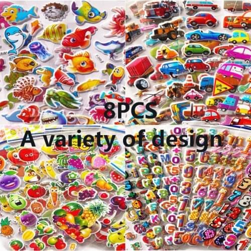 3D Stickers for Kids Toddlers 8 Different Sheets 3D Puffy Bulk Sticker Cartoon Education Classic Toy Children Boys Girl Gifts