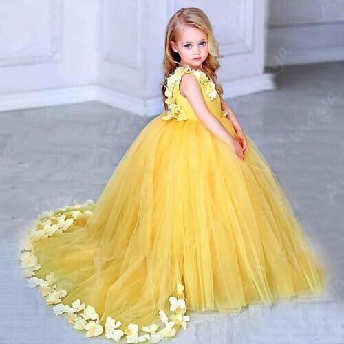 Amaya Yellow Flower Girls Dresses For Weddings V Neck Satin Tulle Petals Ball Gown Communion Kids Birthday Party Dresses