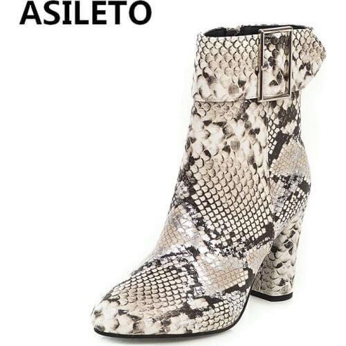 ASILETO Print Snake Pu Women Ankle Boots Zip Pointed Toe Footwear Thick High Heels Female Boot Shoes Women 2020 snakeskin Bootie